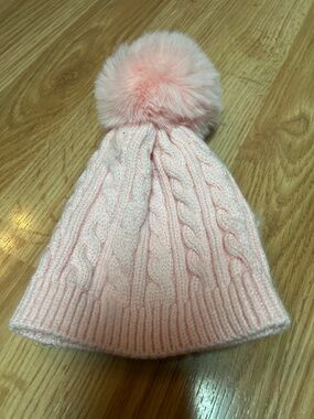 Infant Pink Cable Knit Beanie with Pom Pom